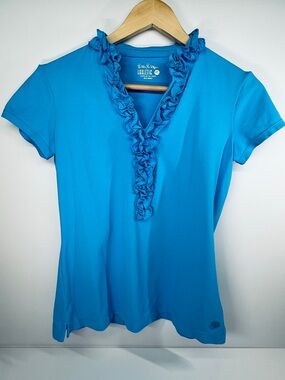 Lilly Pulitzer Ruffle Polo Top UPF 50+ V-Neck Tee - Bright Blue 💙